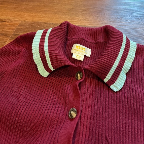 ANTHRO MAEVE Plunging Long-Sleeve Polo Cardigan Burgundy Baby Blue Ribbed Small - Picture 12 of 17